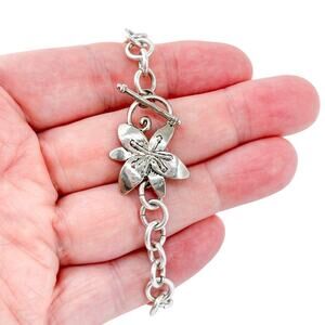 Silver Plated Chain Bracelet with Lily Flower Toggle Clasp | Nature Jewelry | 8"